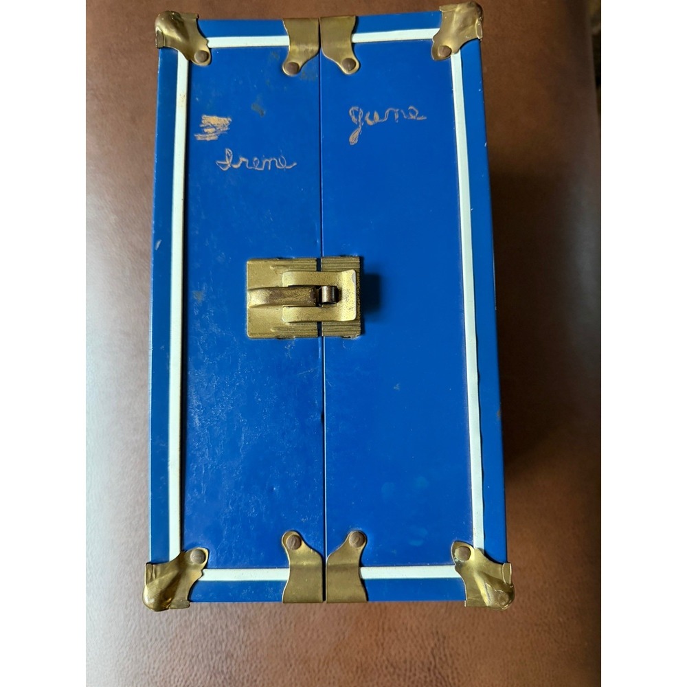 Vintage 1950's 9 1/2" Blue/White, Doll Case, Trunk, Wardrobe, Made Of Metal.